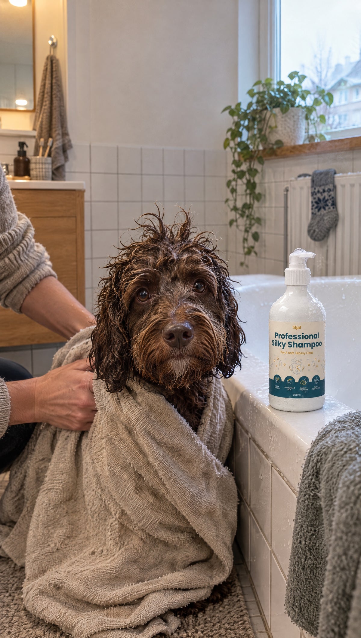 Ein nasser, frisch gebadeter Hund in einem Handtuch neben einer Flasche Bjaf Professionelles Seidenglanz-Shampoo