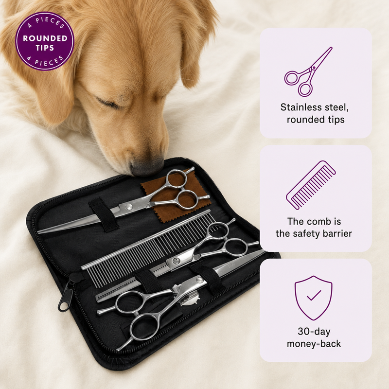 Bjaf Hundescheren-Set für Einsteiger, vier Teile aus Edelstahl mit abgerundeten Spitzen im Reißverschluss-Etui. Der Kamm ist die Sicherheitsbarriere, 30 Tage Geld zurück.