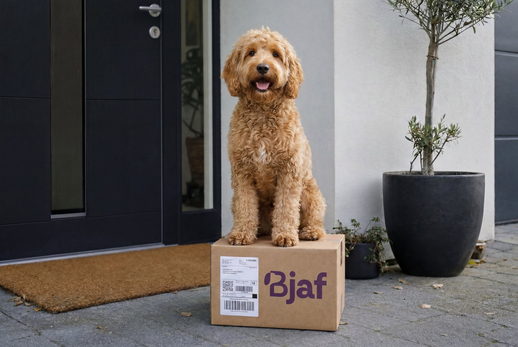 A dog with a delivered Bjaf parcel at the front door